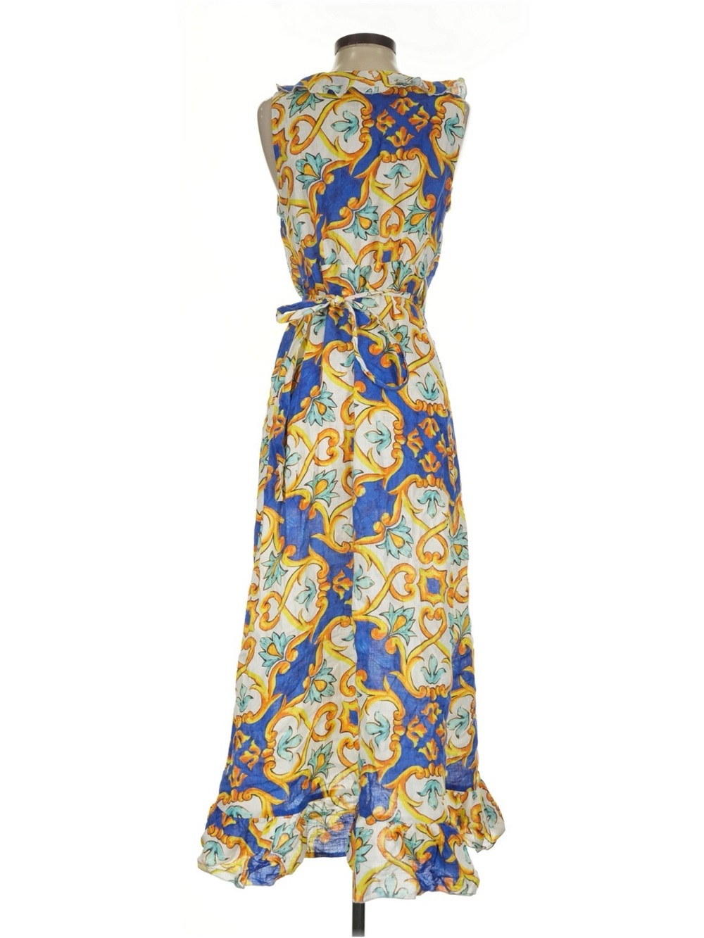LUISA POSITANO Italy Linen Majolica Print Ruffle Wrap Maxi Dress Blue Yellow S - Picture 3 of 5